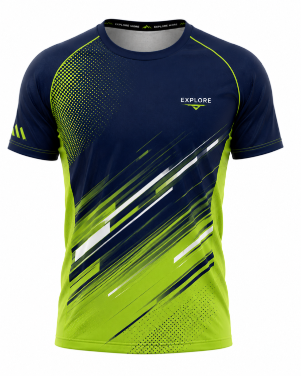 Trekking Performance T-Shirt in dark blue and lime green.